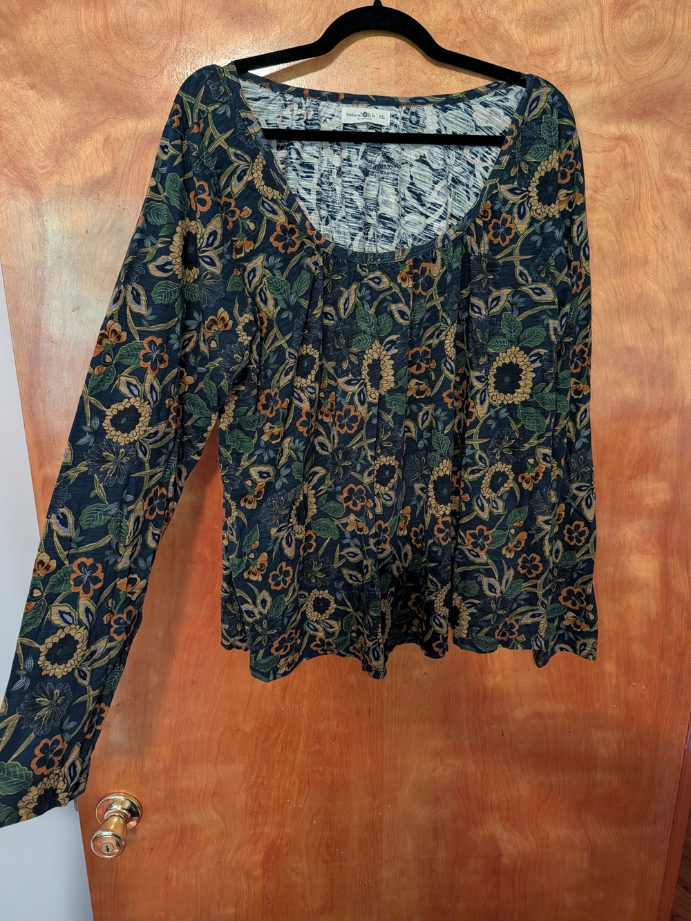 NATURAL LIFE Black Floral Scoop-Neck Long Sleeve Top with Green & Brown Accents